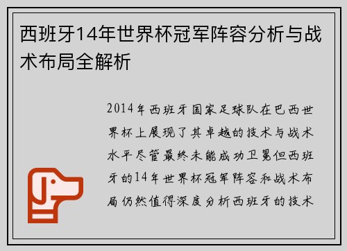 西班牙14年世界杯冠军阵容分析与战术布局全解析